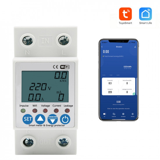 Circuit intelligent de terre 2P 63A TUYA APP WiFi, protection contre les fuites de tension et les sous-tensions , disjoncteur, énergie, compteur kWh